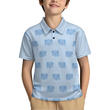 Kids' Cute Elephant Print Polo Shirt – Light Blue