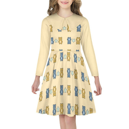 Cute Teddy Bear Girls Long Sleeve Dress | Peter Pan Collar