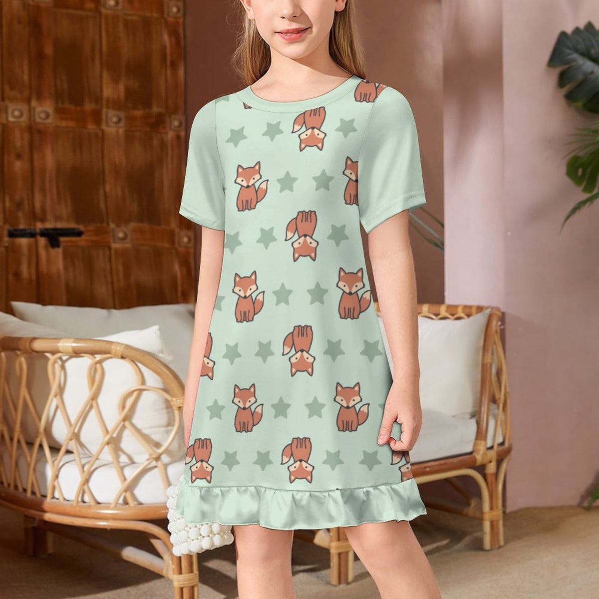 Cute Fox Print Girls Ruffle Hem Dress | Short Sleeve