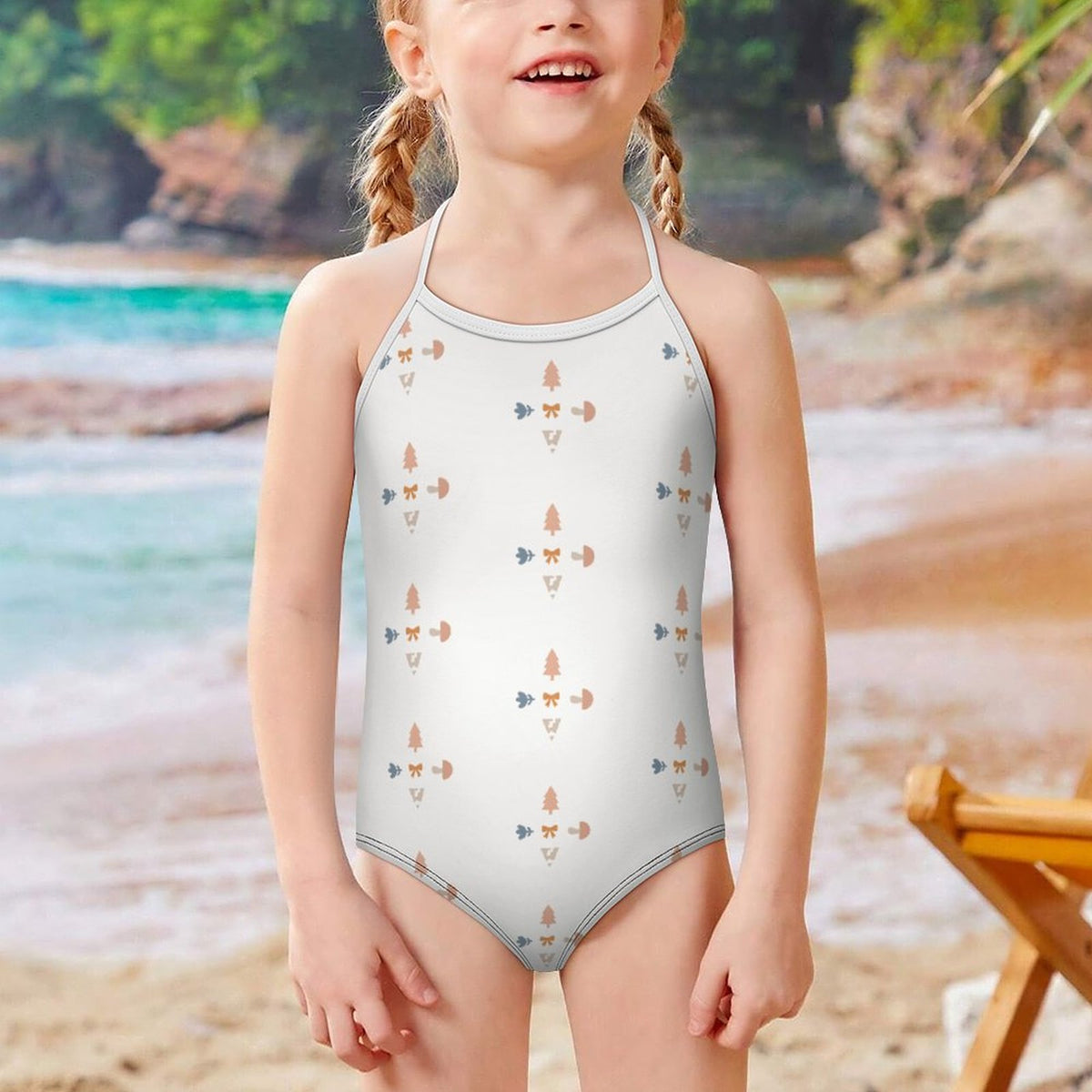 Girls' White Geometric Patterned Tie-Neck Swimwear
