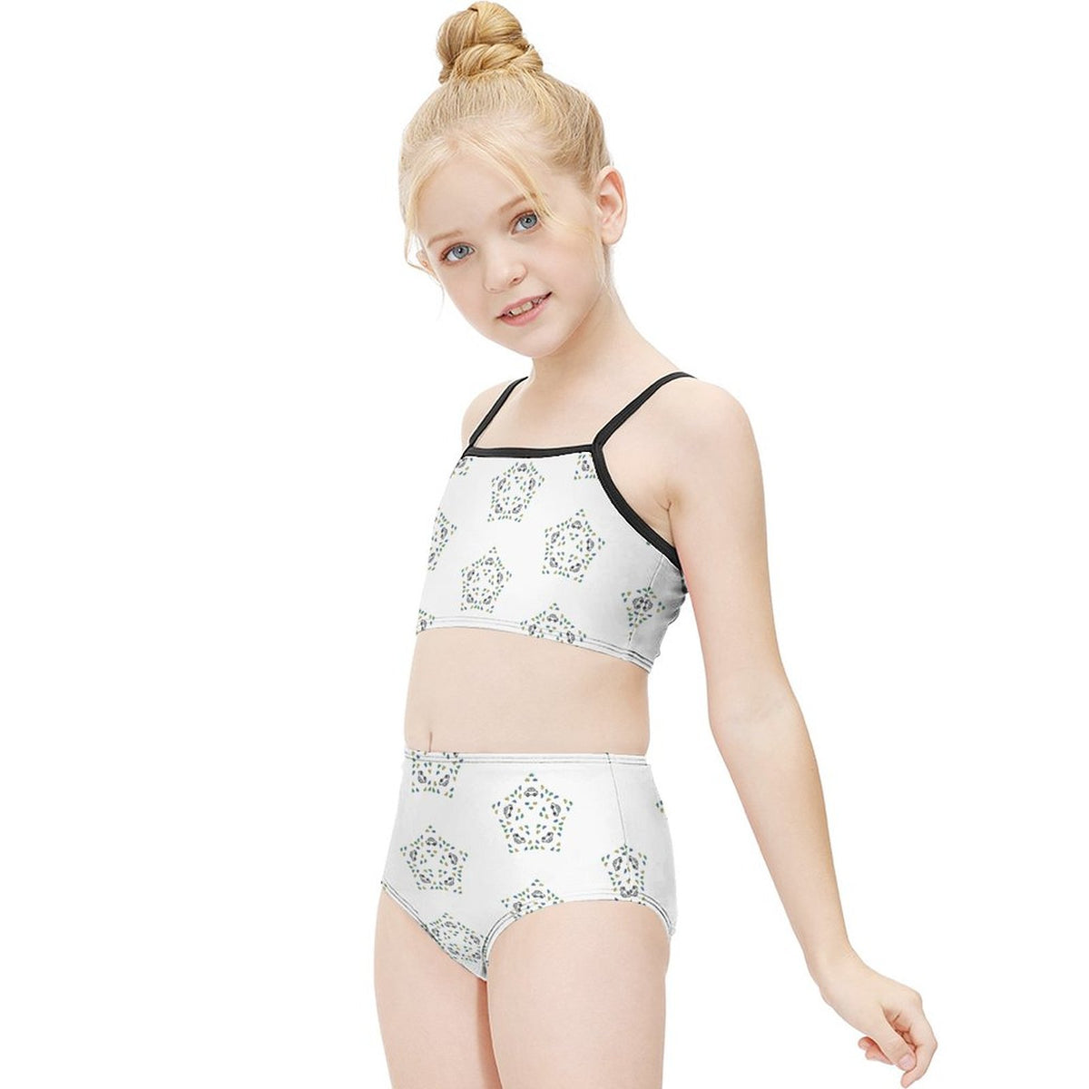 Girls' White Star Print Bikini Set with Black Trim