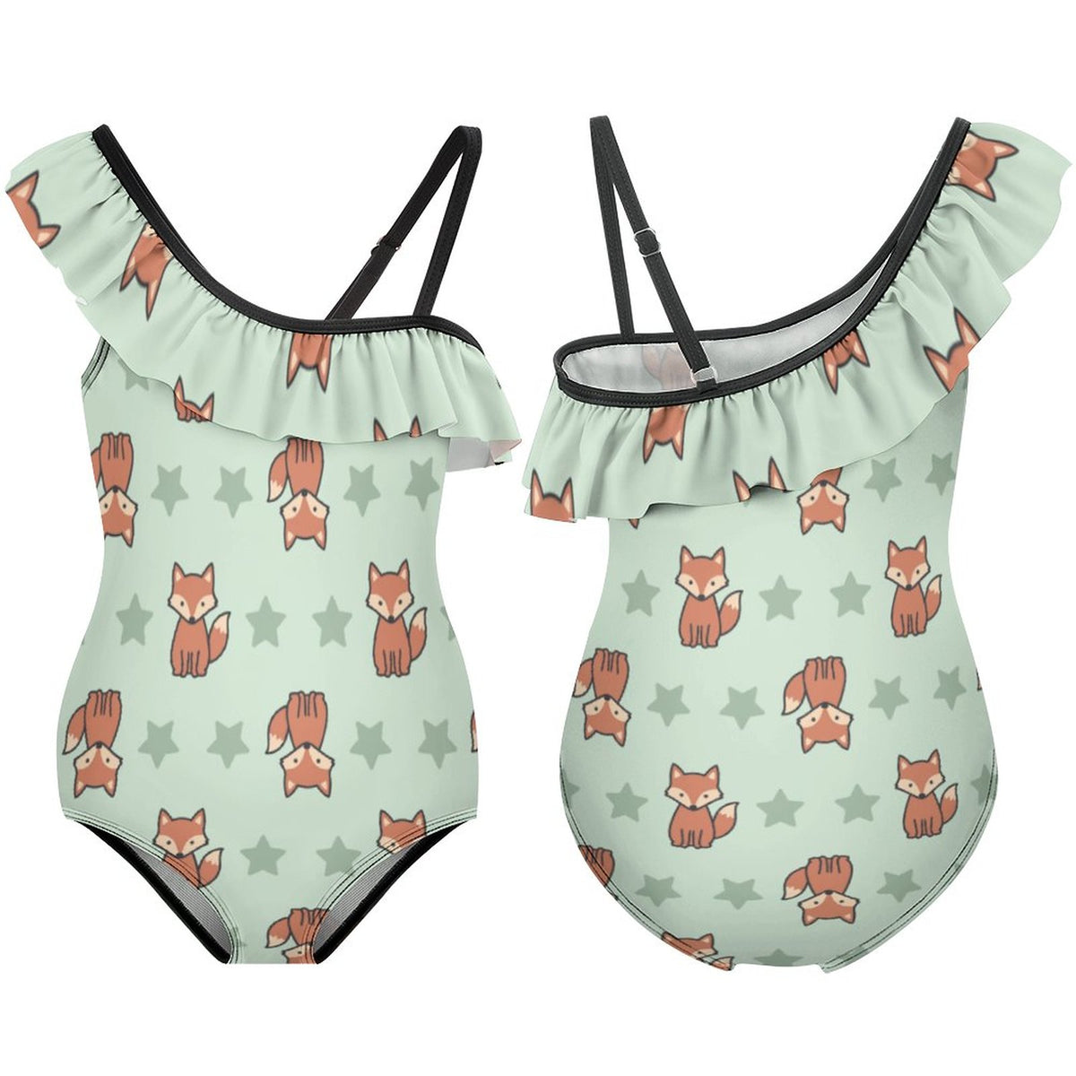 Cute Fox Print One-Shoulder Ruffle Swimsuit for Girls