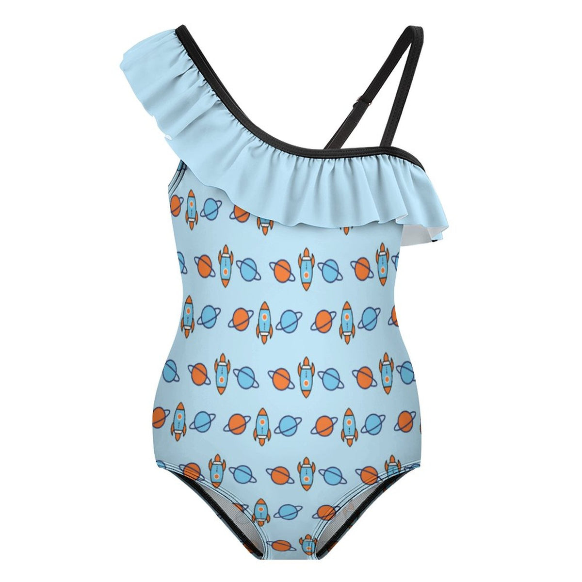 Outer Space Rocket Asymmetric Ruffle Girls Swimsuit