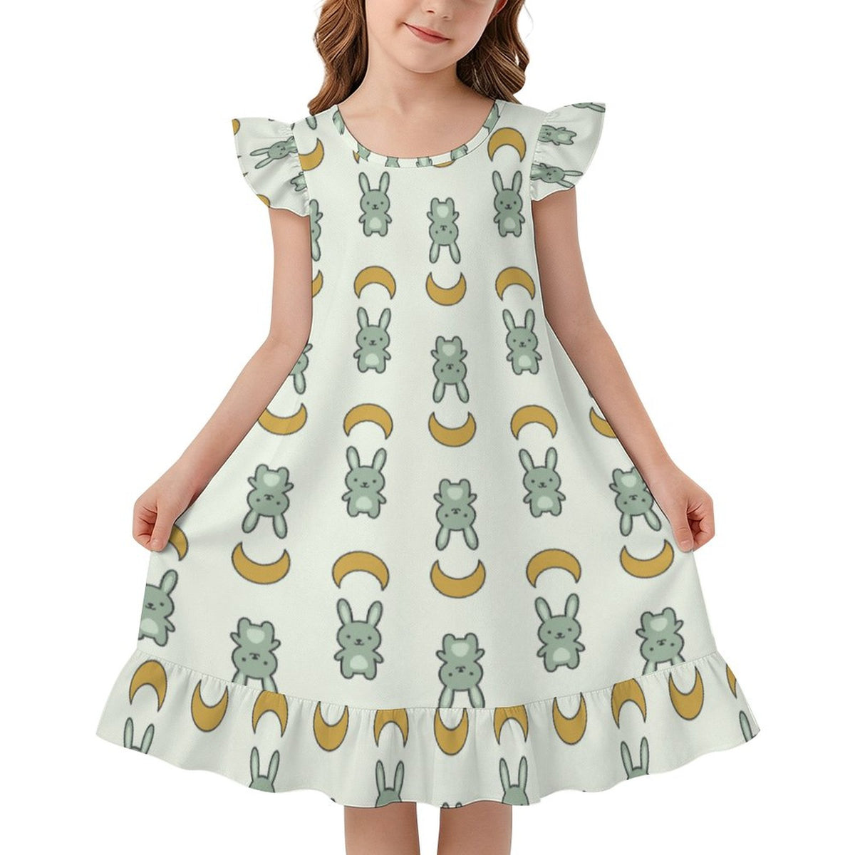 Girls Cute Bunny & Moon Print Ruffle Nightgown