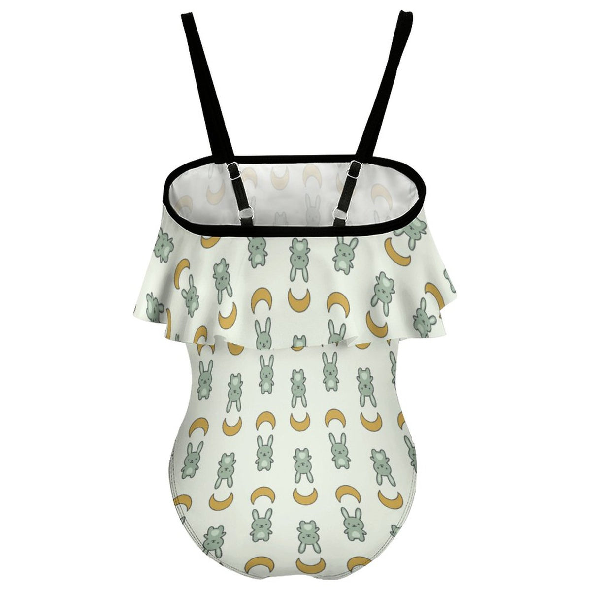 Cute Bunny & Moon Off-Shoulder Ruffle Girls Swimsuit