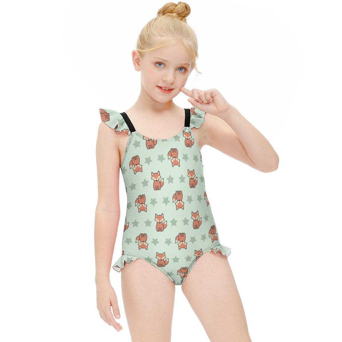 Cute Fox Print Girls One-Piece Swimsuit | Ruffle Trim