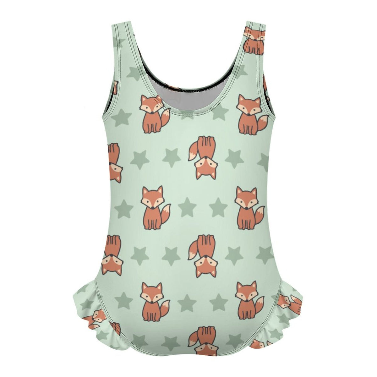 Girls Cute Fox Print Ruffled One-Piece Swimsuit