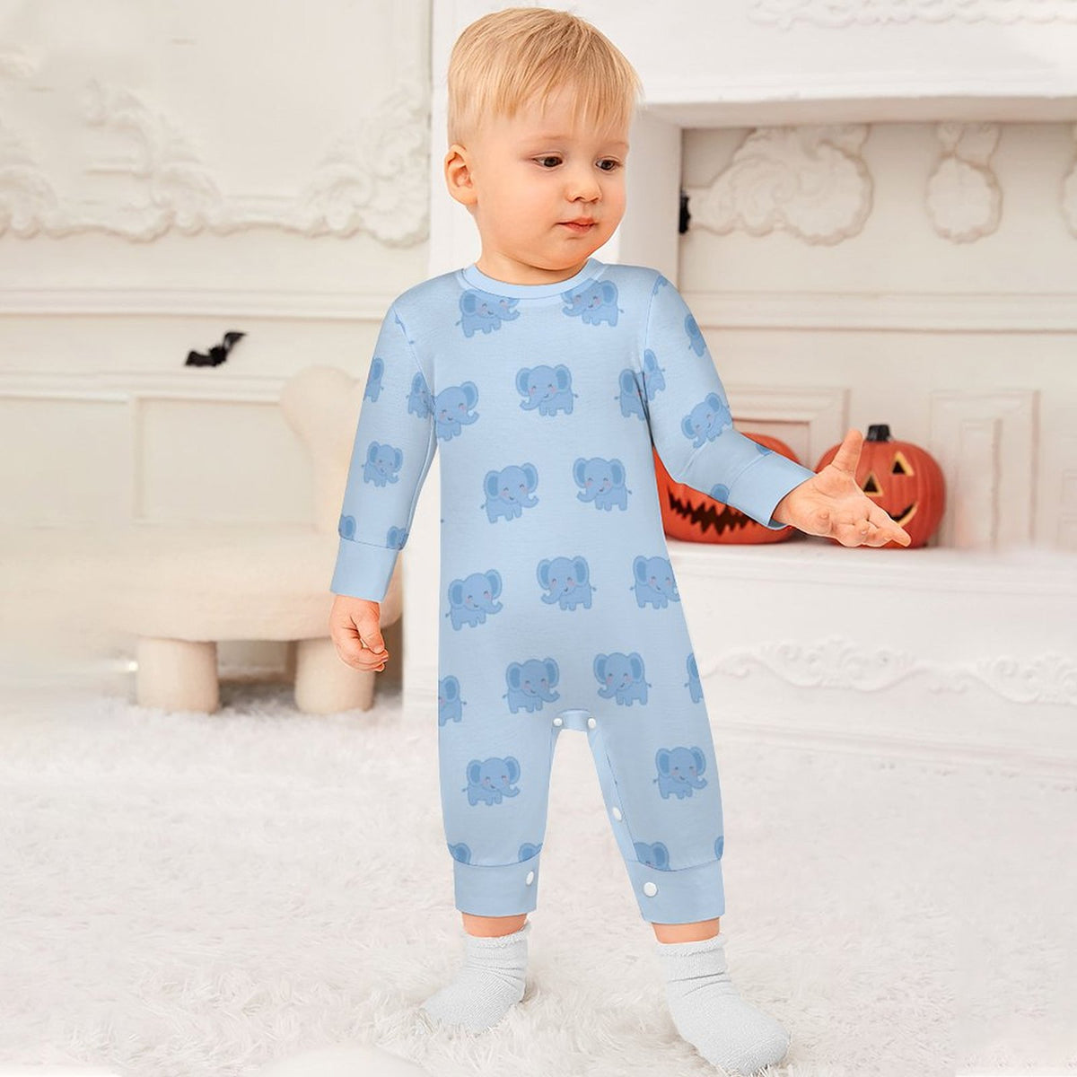 Cute Elephant Print Light Blue Baby Cotton Romper
