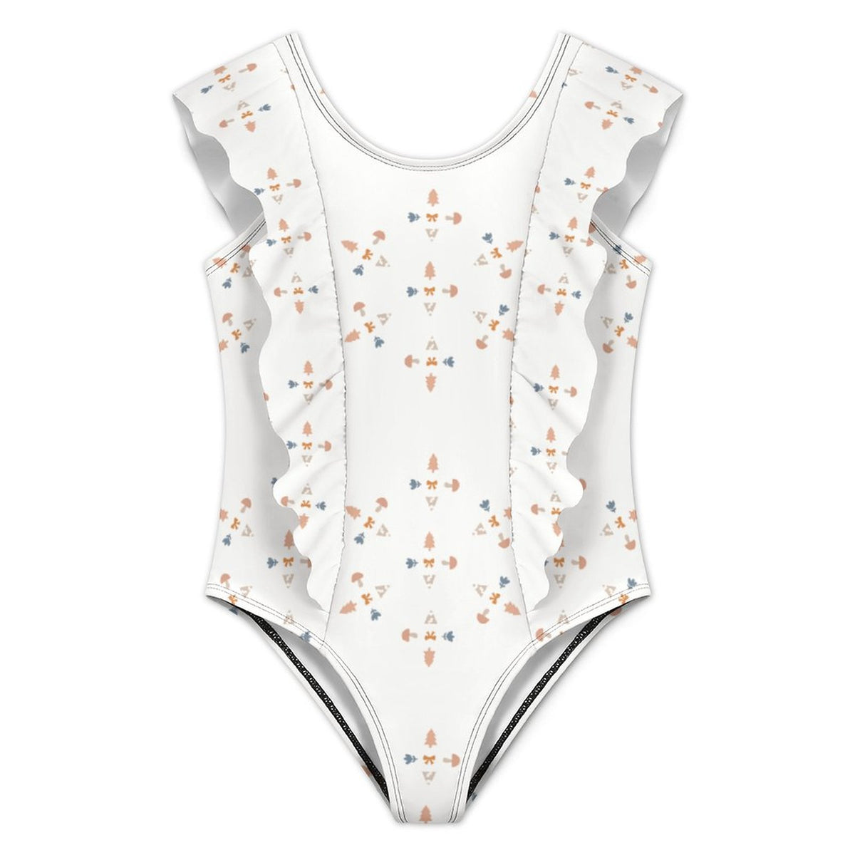 Girls' White Geometric Motif Front Ruffle Bathing Suit