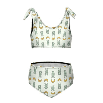 Cute Bunny & Moon Tie Shoulder Girls Bikini Set | AOP