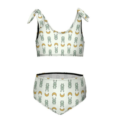 Cute Bunny & Moon Tie Shoulder Girls Bikini Set | AOP