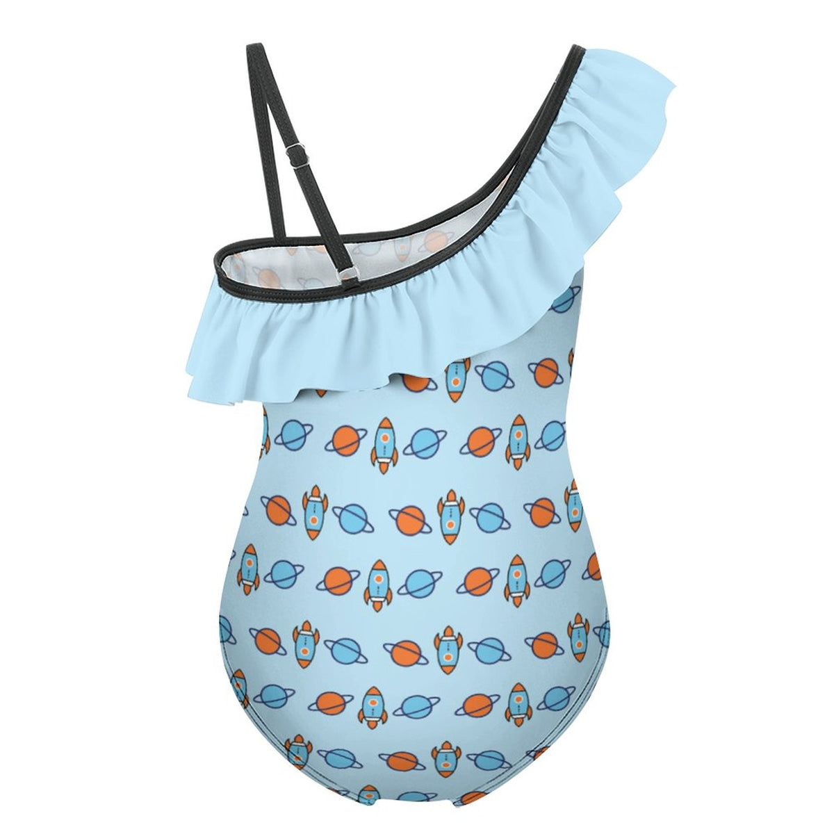 Outer Space Rocket Asymmetric Ruffle Girls Swimsuit