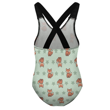 Cute Fox Print Cross-Back Girls Swimsuit | Custom AOP