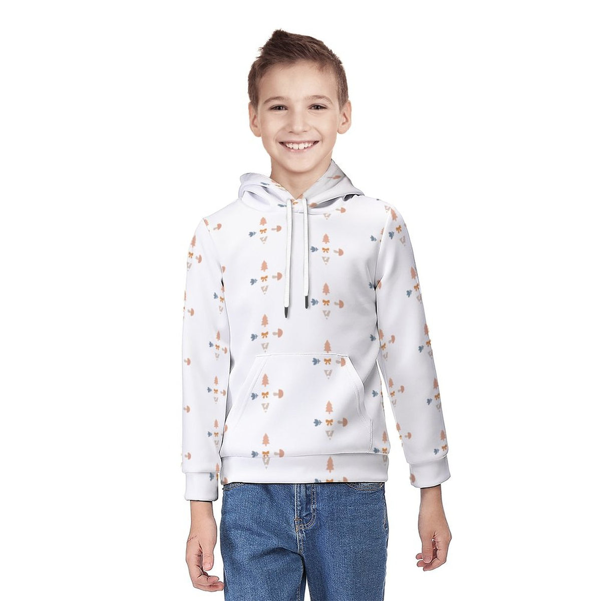 Kids' White Geometric Patterned Long Sleeve Hoodie