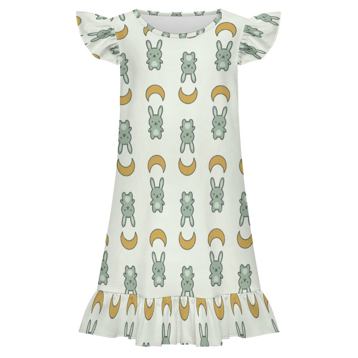 Girls Cute Bunny & Moon Print Ruffle Nightgown