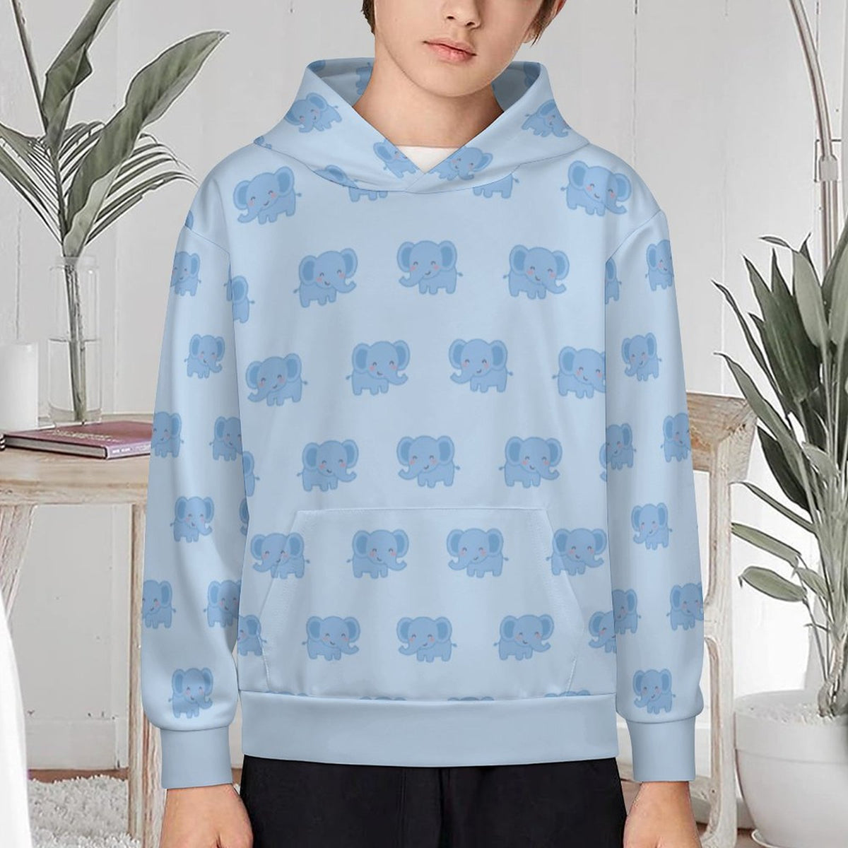 Kids' Light Blue Elephant Pattern Hoodie Sweatshirt