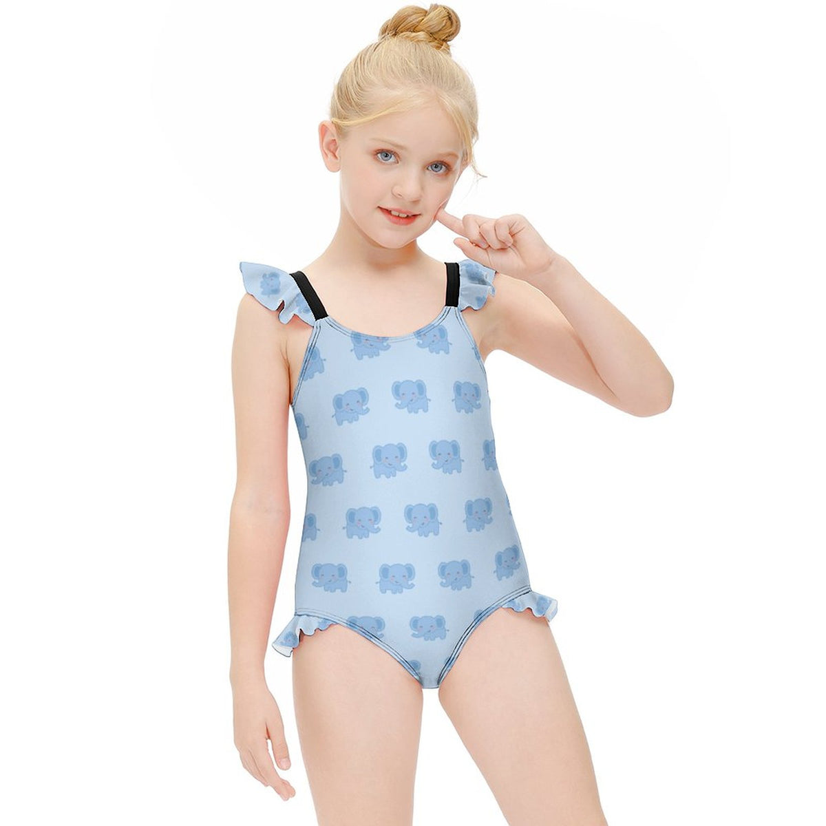 Girls' Light Blue Elephant Flutter Sleeve Swimsuit