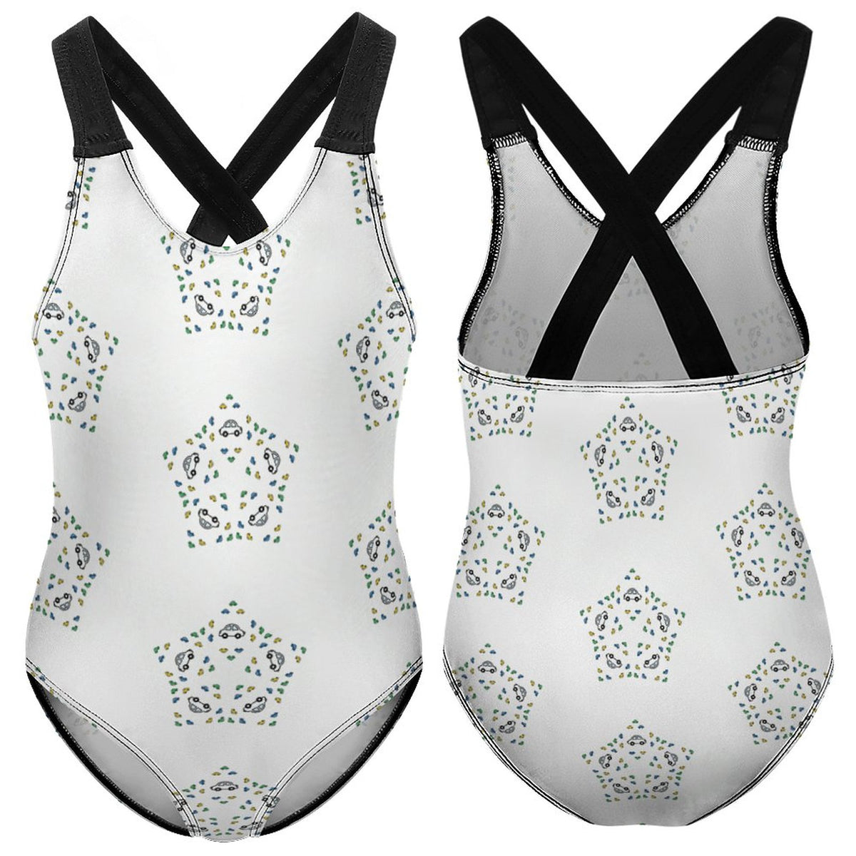 Girls' White Geometric Star Athletic Bathing Suit