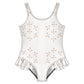 Girls' White Geometric Patterned Ruffle Hem Swimwear