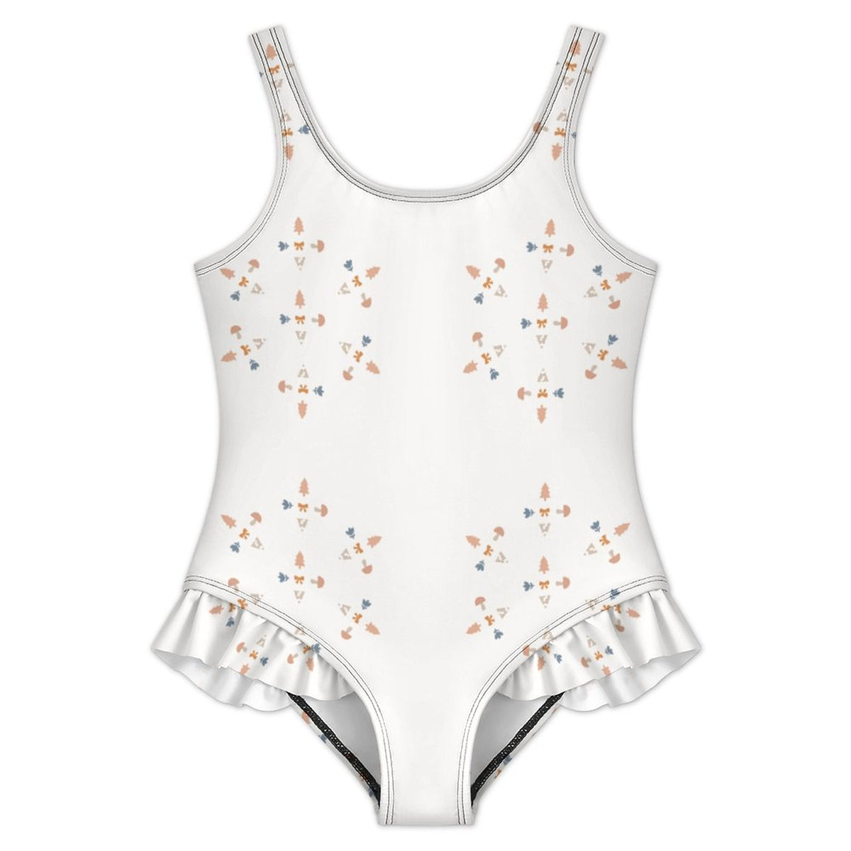 Girls' White Geometric Patterned Ruffle Hem Swimwear