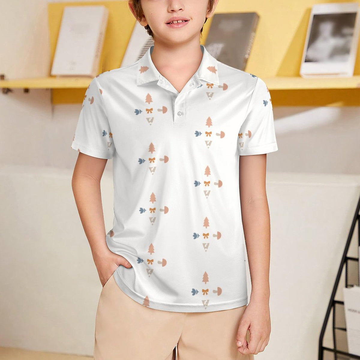 Boys' White All-Over Geometric Motif Polo Shirt