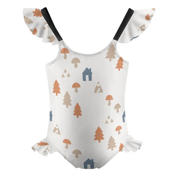 Girls' White Woodland Print Ruffle Leg Swimsuit