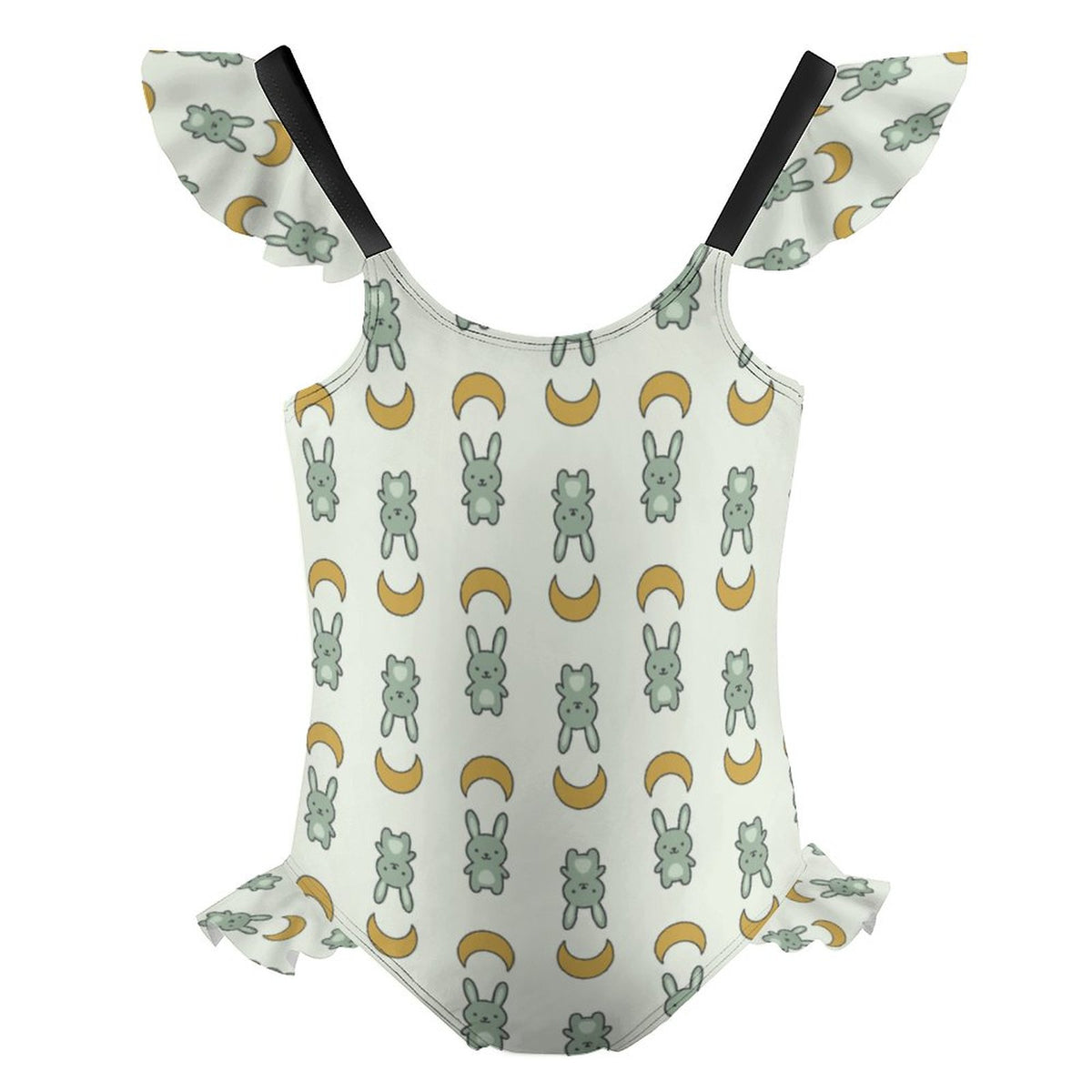 Cute Bunny & Moon Ruffle Strap Girls Swimsuit | AOP
