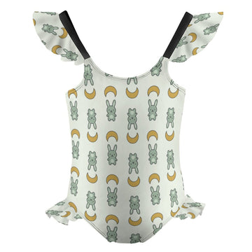 Cute Bunny & Moon Ruffle Strap Girls Swimsuit | AOP