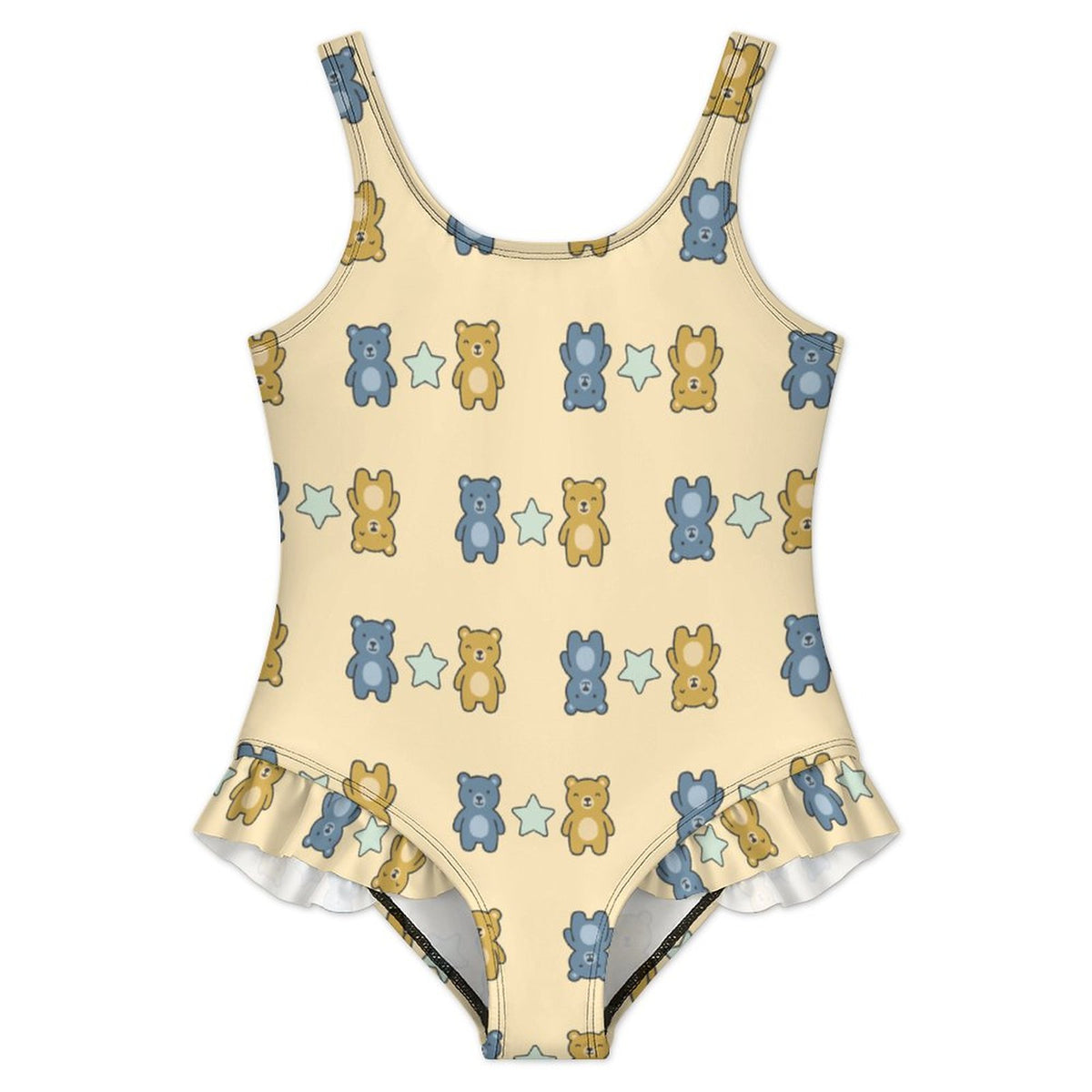 Girls Cute Bear Print Ruffled One-Piece Swimsuit