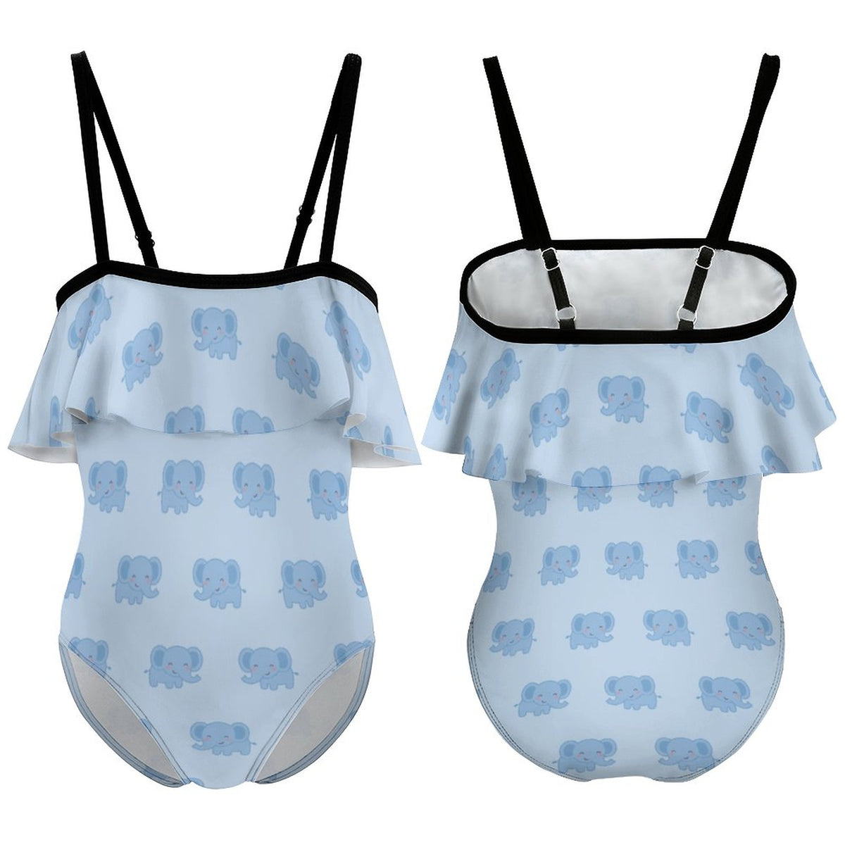 Girls' Blue Elephant Print Off-Shoulder Swimsuit