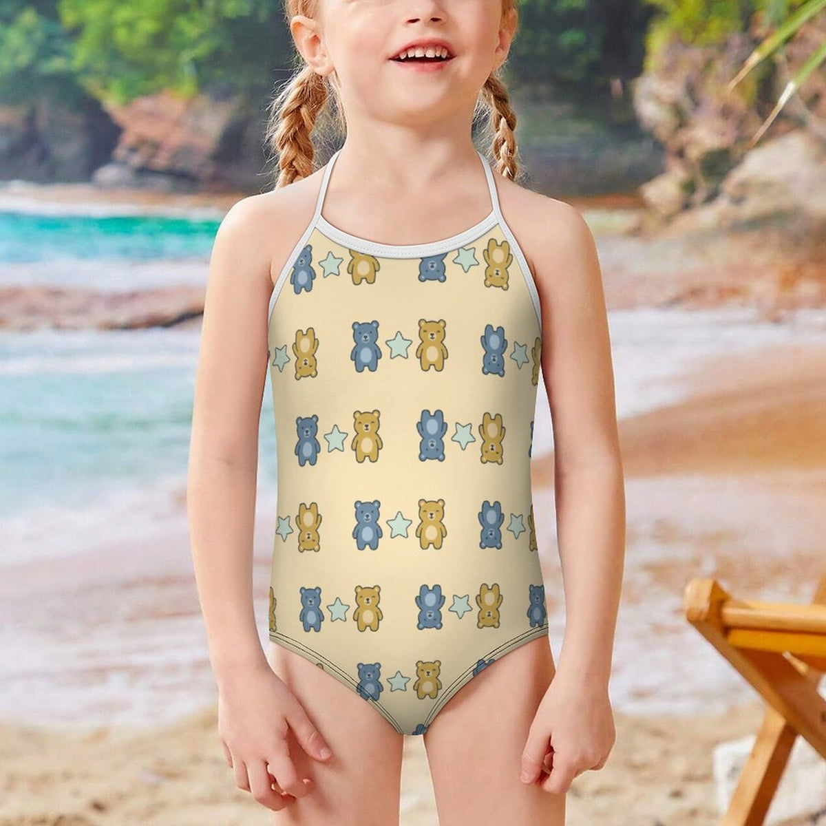 Cute Teddy Bear Spaghetti Strap Girls Swimsuit | AOP