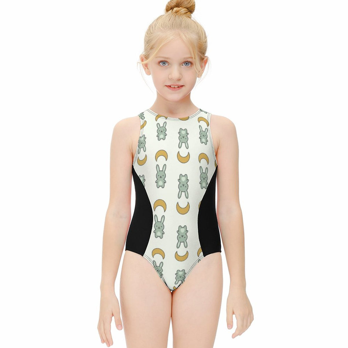 Cute Bunny & Moon Zip Back One-Piece Girls Swimsuit