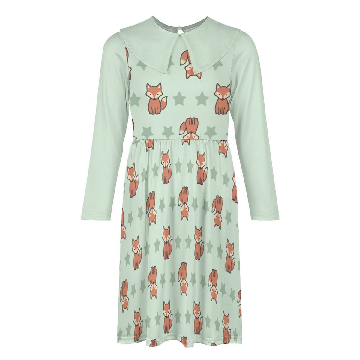 Cute Fox Print Peter Pan Collar Girls Long Sleeve Dress