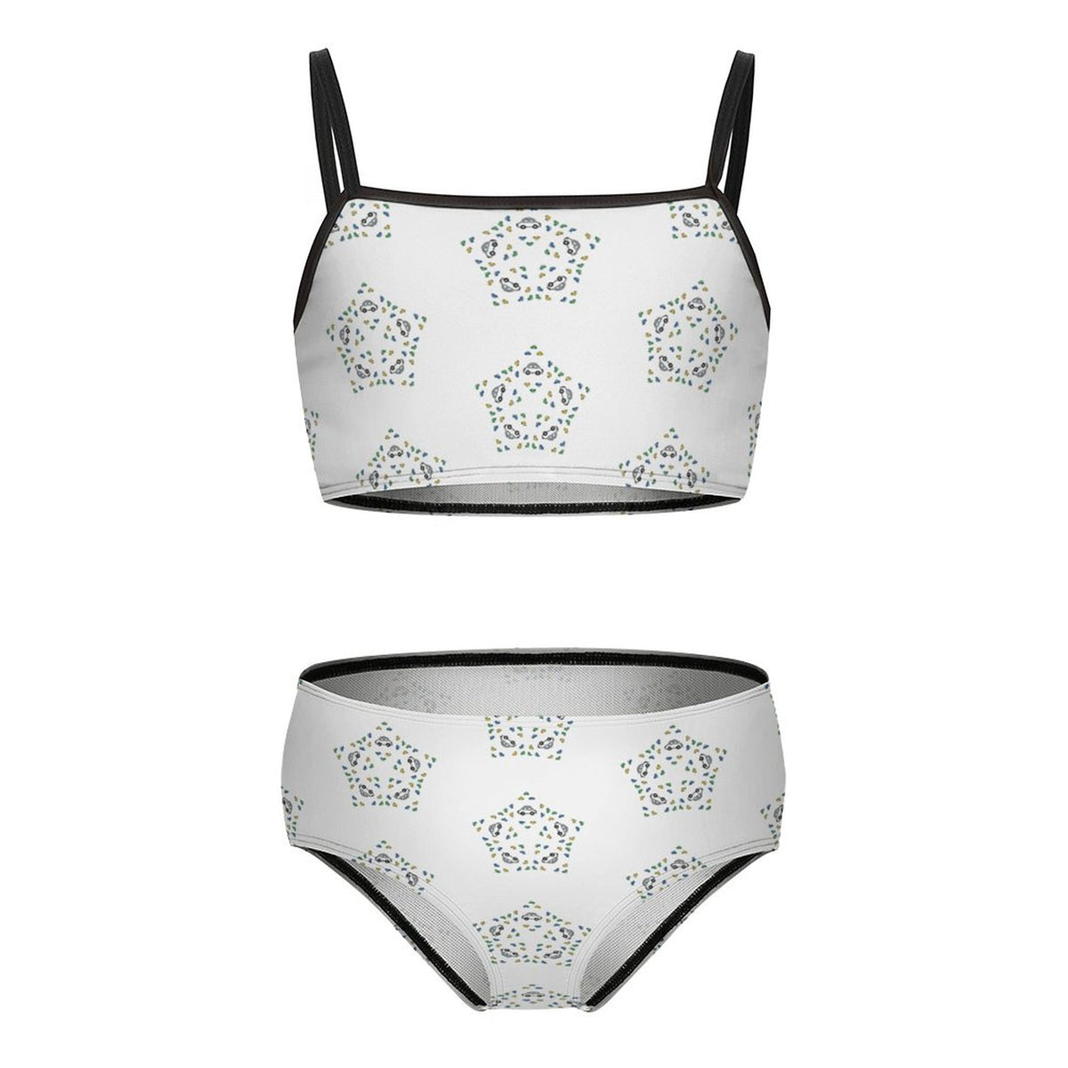 Girls' White Star Print Bikini Set with Black Trim