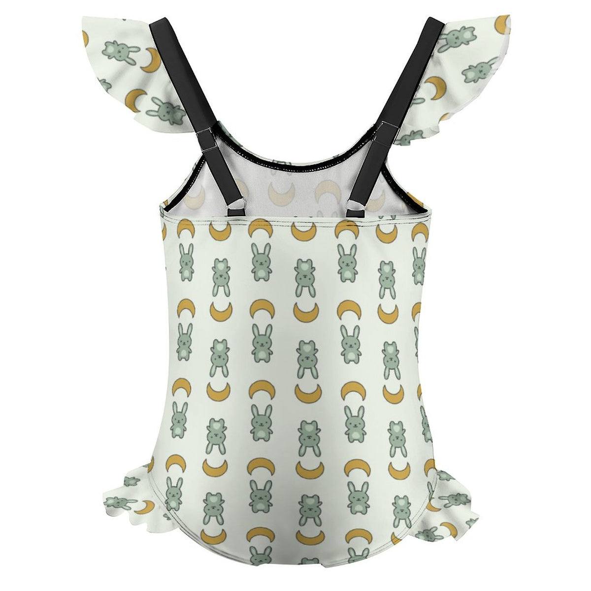 Cute Bunny & Moon Ruffle Strap Girls Swimsuit | AOP