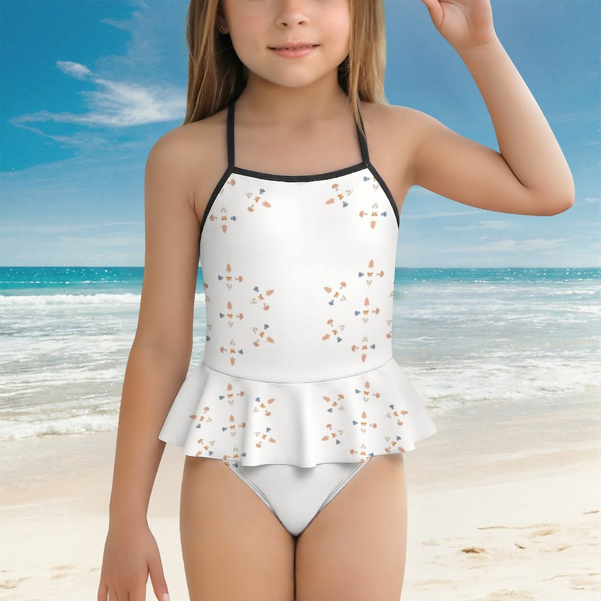 Girls' White Geometric Motif Peplum Swimsuit