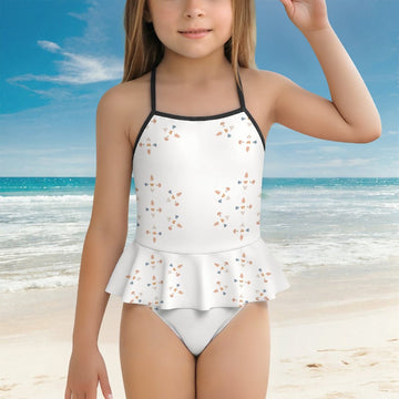 Girls' White Geometric Motif Peplum Swimsuit