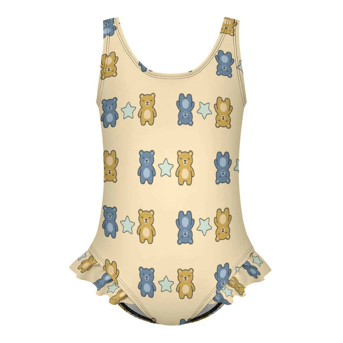 Girls Cute Bear Print Ruffled One-Piece Swimsuit