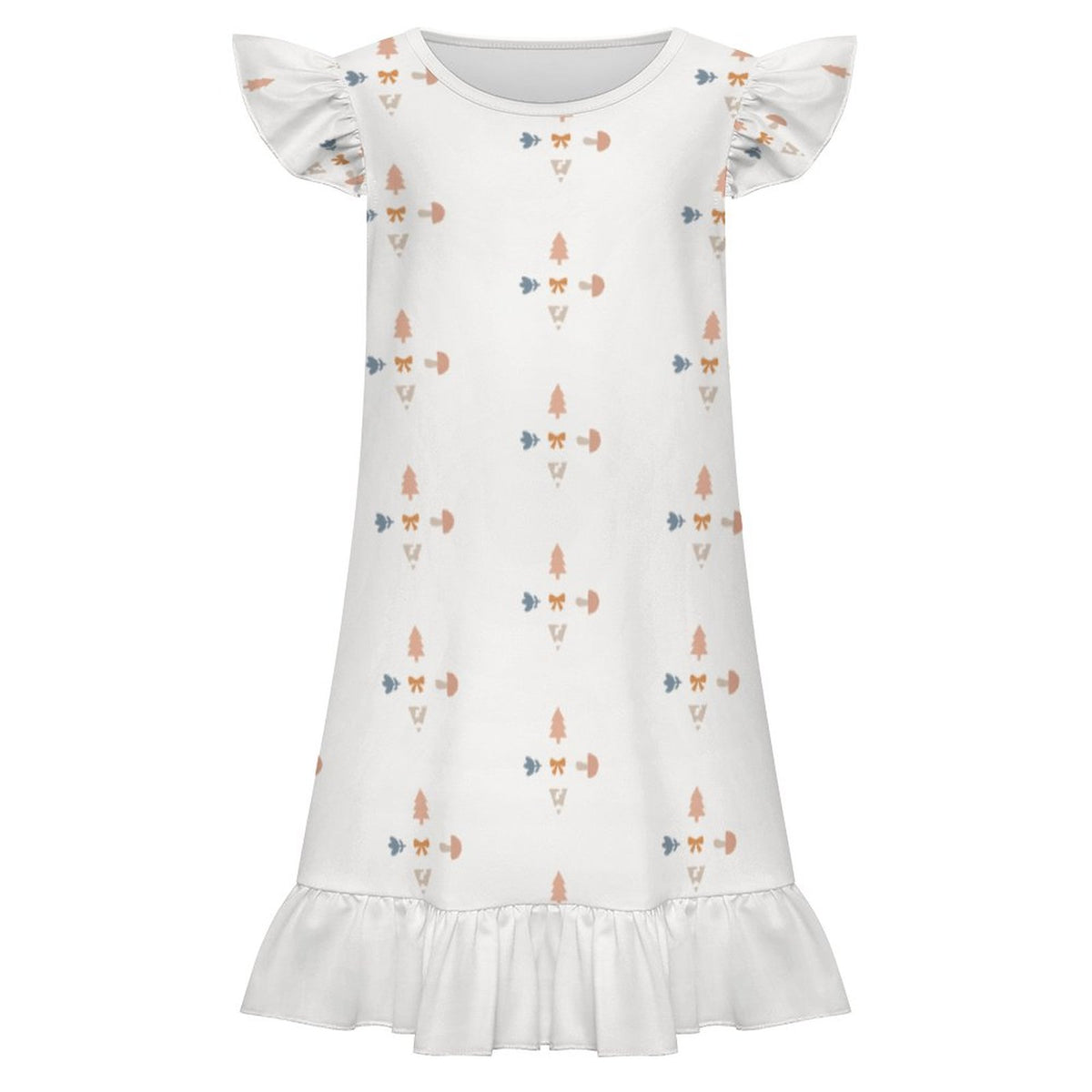 Girls' White Patterned Short Sleeve Sleepwear Dress