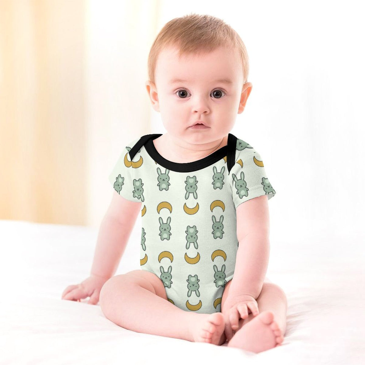 Cute Bunny & Moon Short Sleeve Baby Romper | 220gsm