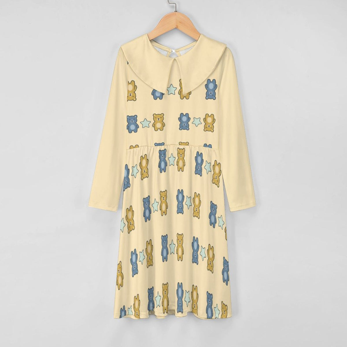 Cute Teddy Bear Girls Long Sleeve Dress | Peter Pan Collar