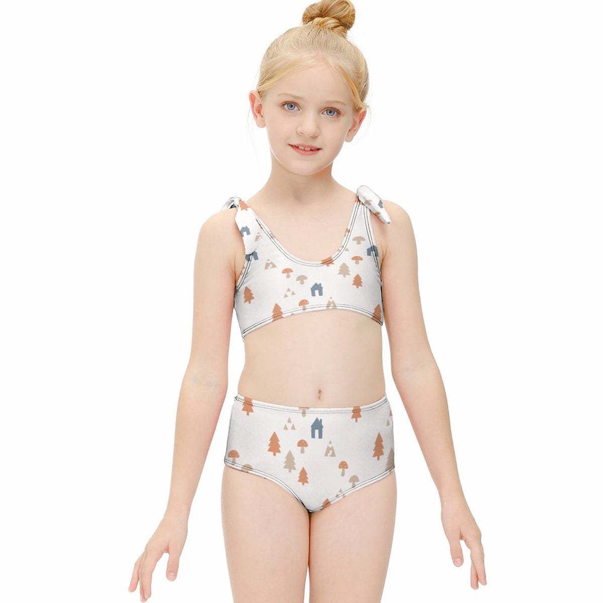 Girls' White Forest Pattern Tie Strap Bikini Set
