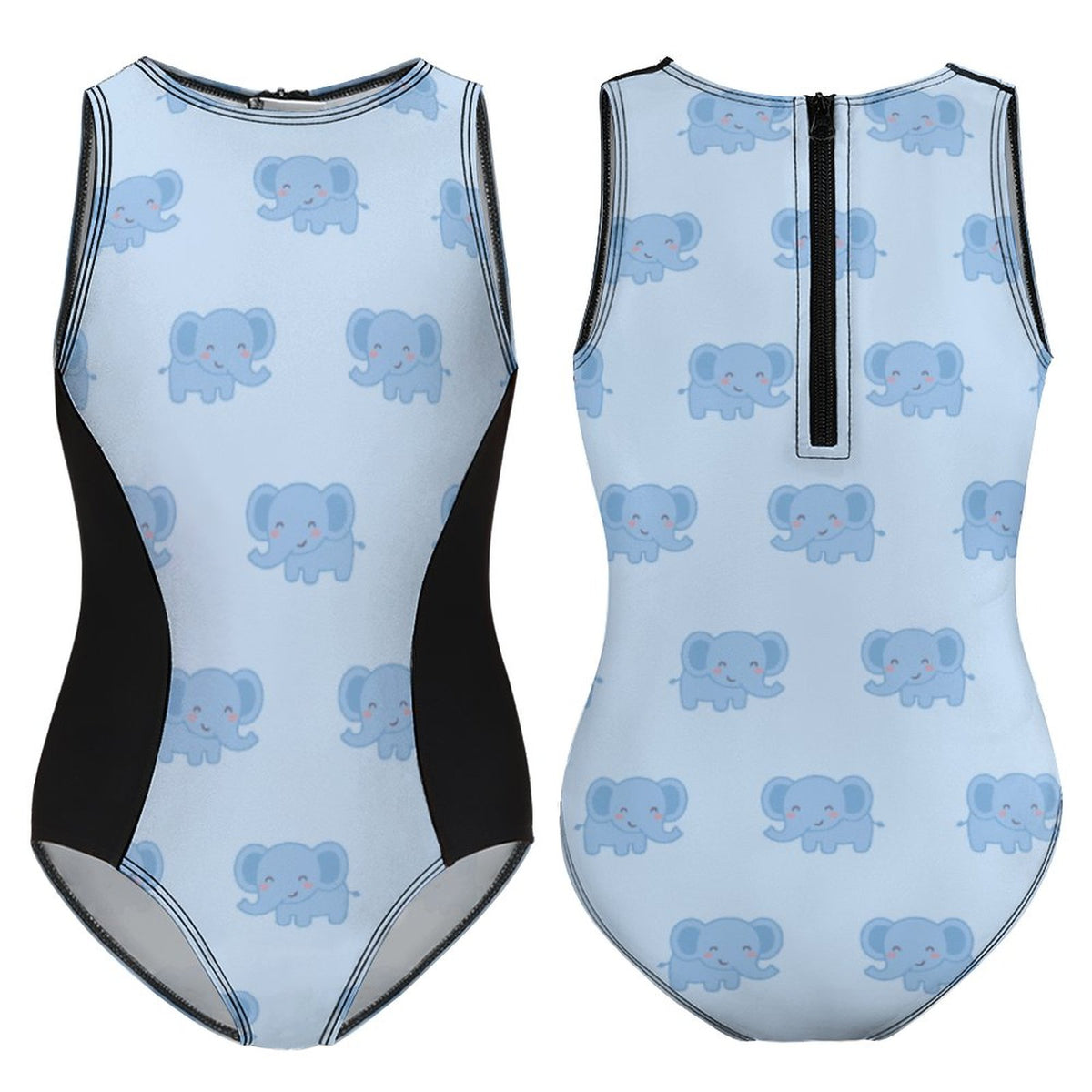 Cute Blue Elephant Zippered One-Piece Swimsuit