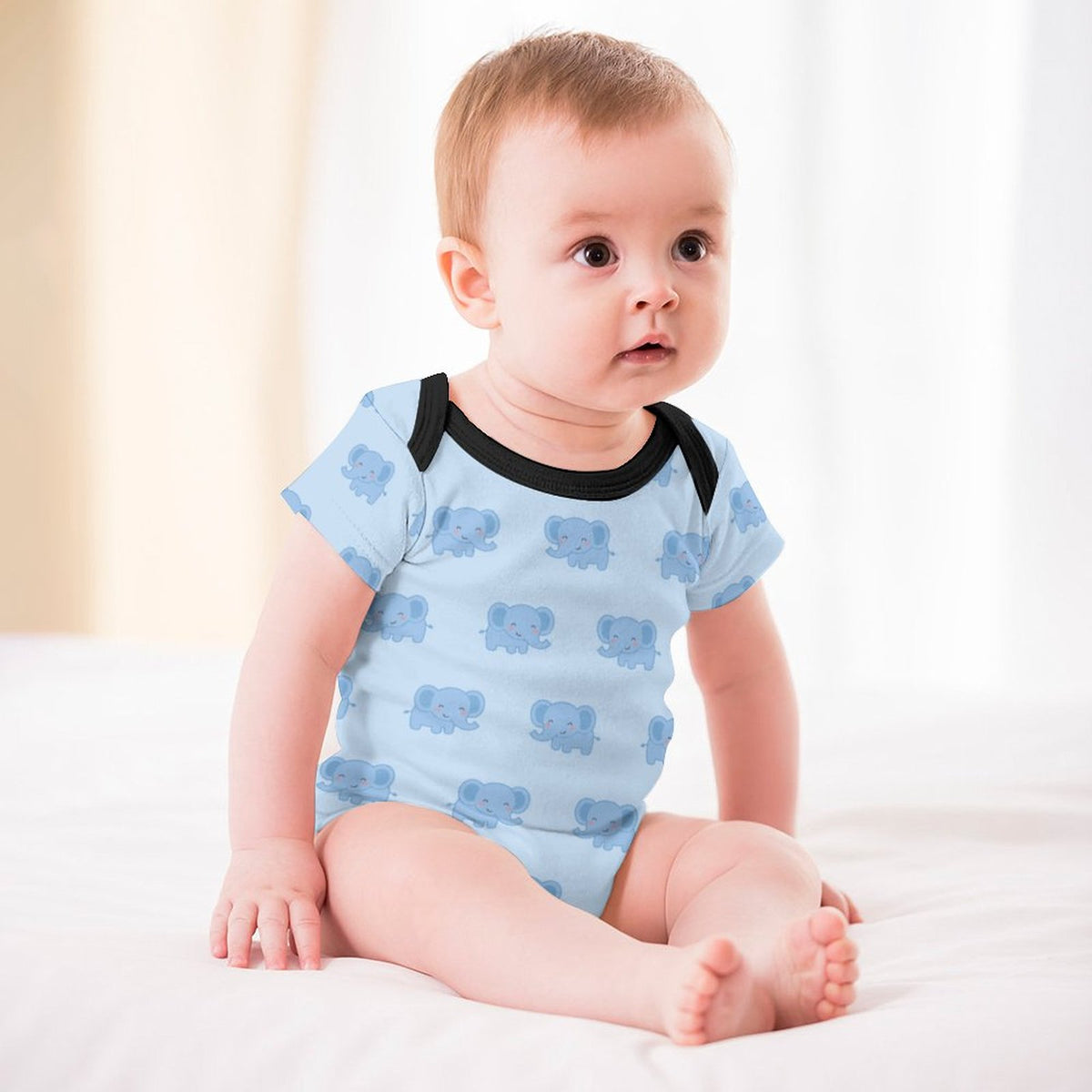 Cute Elephant Print Light Blue Cotton Baby Bodysuit