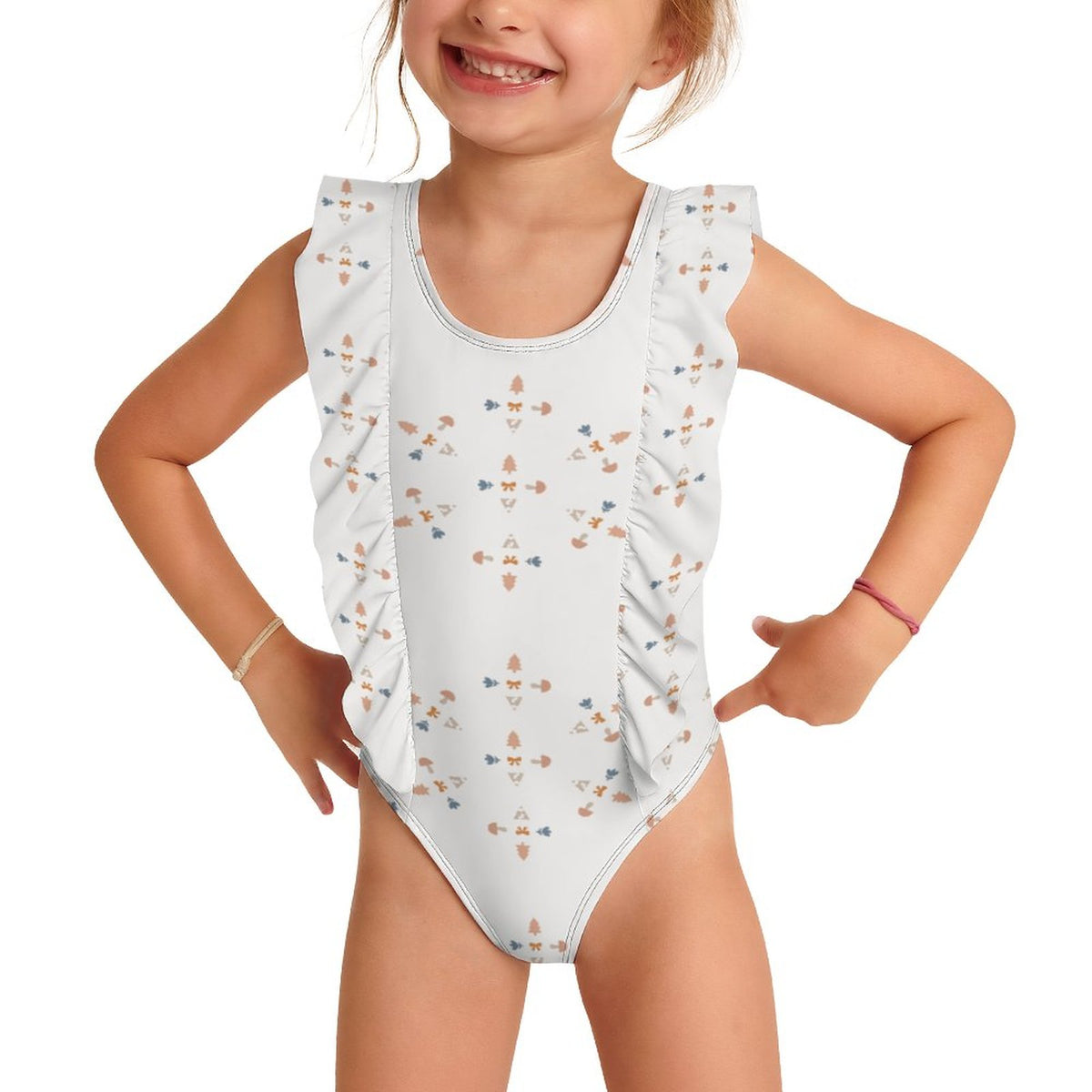 Girls' White Geometric Motif Front Ruffle Bathing Suit