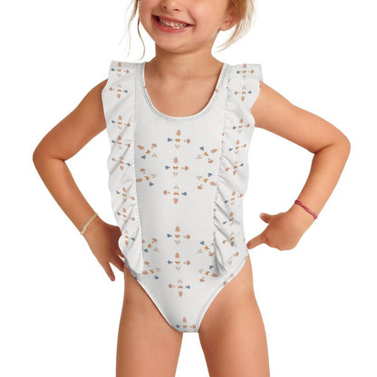 Girls' White Geometric Motif Front Ruffle Bathing Suit