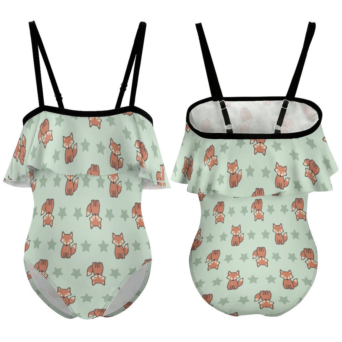 Cute Fox Print Ruffle Off-Shoulder Girls Swimsuit