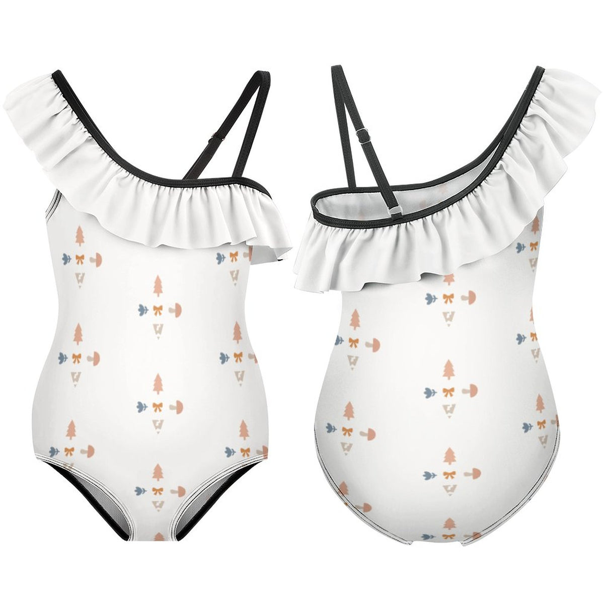 Girls' Geometric Print One-Shoulder Ruffle Swimsuit