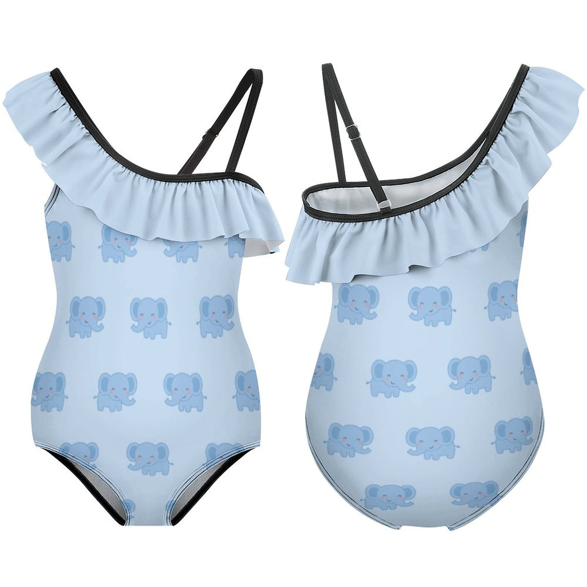 Cute Blue Elephant One-Shoulder Girls' Swimsuit