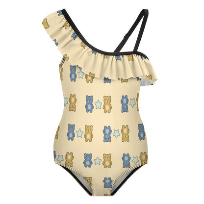 Cute Teddy Bear One-Shoulder Girls Swimsuit | Ruffle